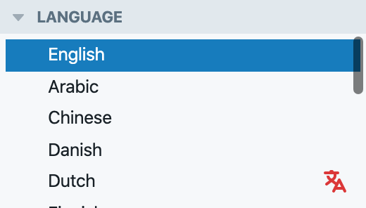 Language panel with a list of languages